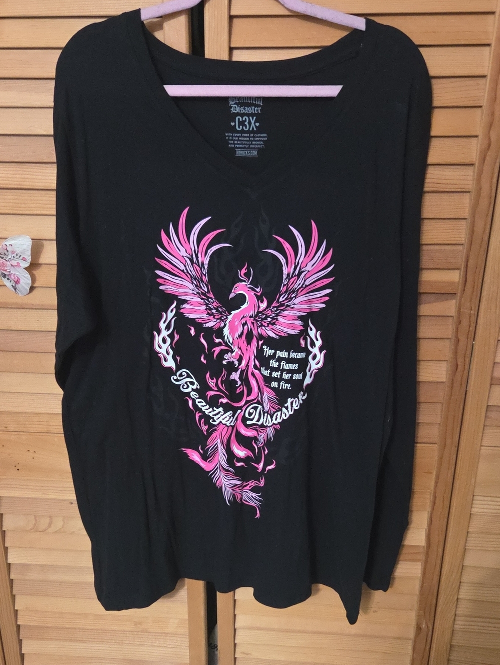 Beautiful Disaster Women's Black Long Sleeve Top with Pink Phoenix Graphic